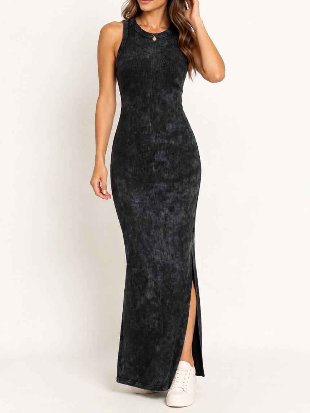Black Acid Wash Ribbed Maxi Tank Dress Side Slit Bodycon No Comment Large Y2K